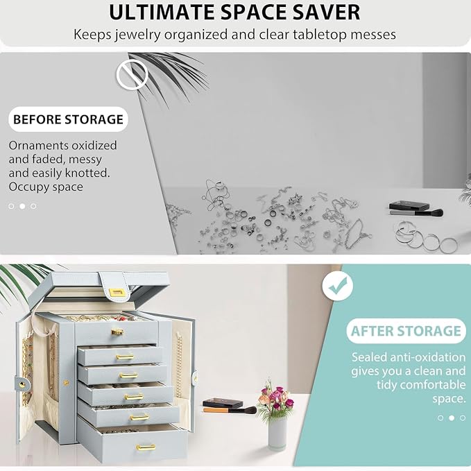 AKOZLIN 6-Tier Jewelry Box Organizer Functional 5 Drawers Leather Jewelry Storage Case for Women Girls Ring Necklace Earring Bracelet Holder Organizer with Mirror Grey Regular - Image 7