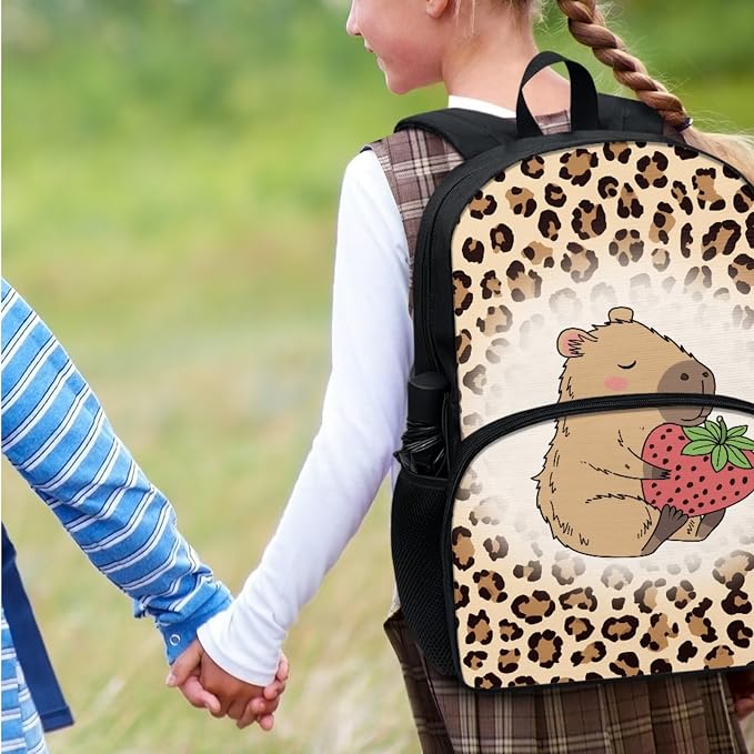 Cartoon Capybara Leopard Strawberry School Backpack Set Travel Bookbag Daypack for Kids Girls Boys Lunch Tote Bag Box Water Bottle Sleeve Pen Pencil Case Bags for Back to School - Image 7