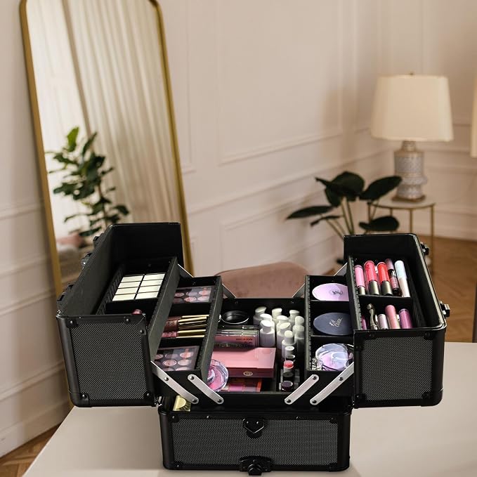 Pro Makeup Rolling Beauty Cosmetic Customizable Train Case Storage Compartment with Wheels and Telescoping Handle and Strap (Black) - Image 9