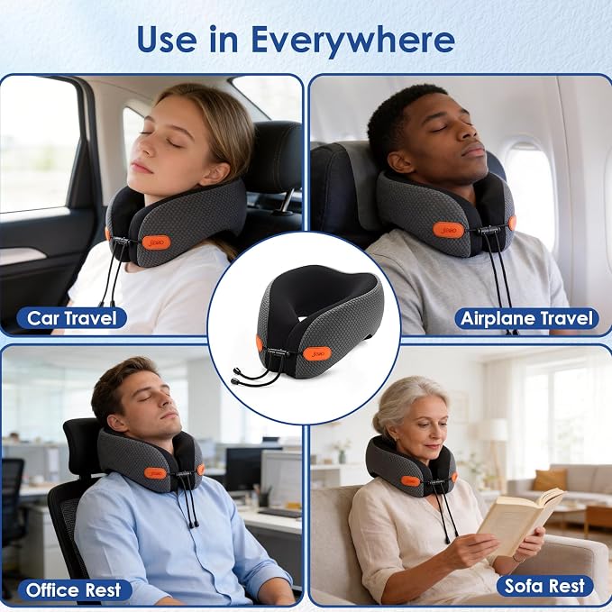 jiaao Travel Pillow Memory Foam Neck Pillow for Airplanes with Adjustable Neck Support, Includes Eye Mask, Earplugs & Storage Bag - Perfect for Flights, Road Trips, and Trains - Image 7