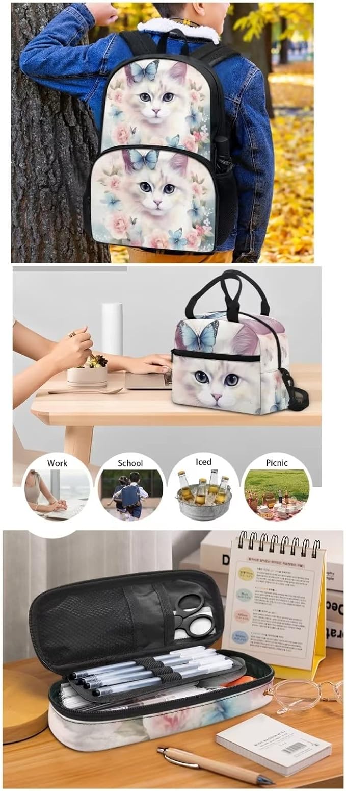 Butterfly Floral Cat Print Backpack Set for Girls Kids Lightweight Cute School Backpack with Lunch Box Pencil Case Adjustable Strap Padded Book Bag Insulated Lunch Bag - Image 5