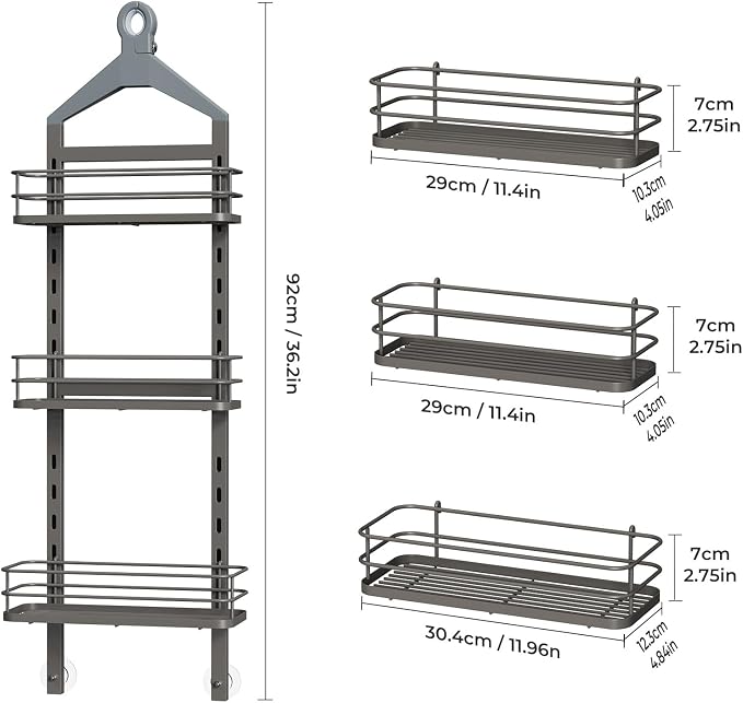 ODesign 3 Tier Adjustable Shower Caddy Hanging Over Head Anti-Swing Grey | Shower organizer hanging,no drilling required,comes with removable hook and storage box, suitable for indoor showers - Image 9