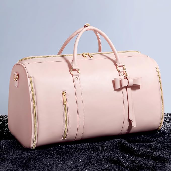 Garment Bags for Travel, Convertible Suit Travel Bag for Women, Fashion & Cute Carry On Garment Bag w/Shoes Pouch, 2 in 1 Foldable PU Leather Hanging Duffle Bag, Single-Zipper Design, Pink - Image 9