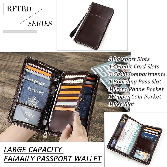 CONTACTS Travel Passport Wallet for 4 Leather Family Passport Holder Clutch Wallet Zipper Wrist Card Purse RFID Blocking with 13 Card Slot Fit up 4 Passports - Image 9