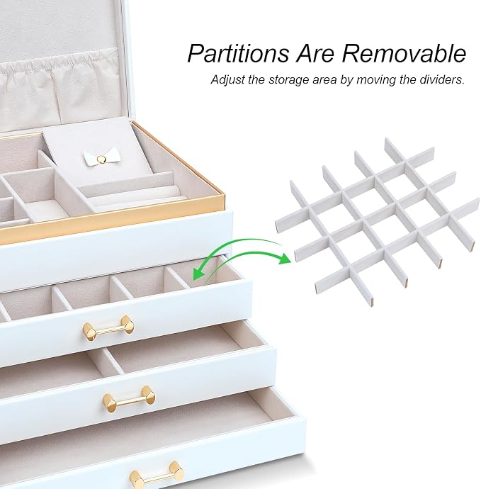 Jewelry Organizer Box, Women Jewelry Box White Jewelry Case 3-Layer with 3 Drawers, Jewelry Boxes for Women Jewelry Organizer, White - Image 9