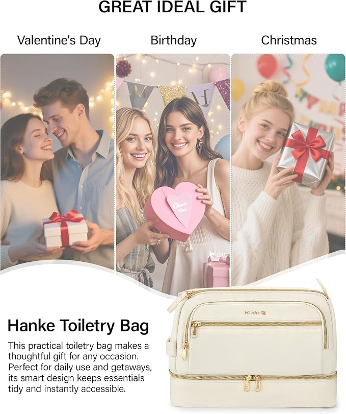 Hanke Travel Toiletry Bag, Lightweight Wide-open Makeup Bag, Dual-Layer Travel Bag for Toiletries Water-Resistant Cosmetic Bags Large Toiletry Bags for Women & Men, Travel Essentials, Off White - Image 10