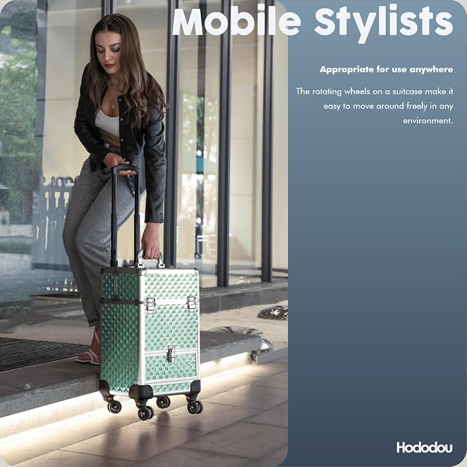 Hododou Blue Rolling Makeup Case with Drawer Travel Trolley Cosmetology Case on Wheel Makeup Storage Salon Barber Case Traveling Cart Trunk for Cosmetologist Nail Tech Hairstylist - Image 7