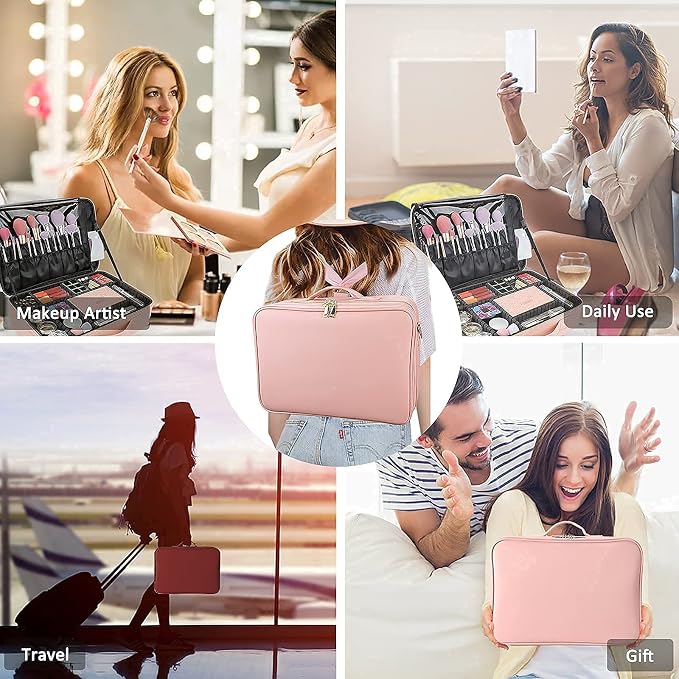 Travel Makeup Train Case,Large Capacity Cosmetic Bags for Women,Portable Makeup Bag Organizer with Adjustable Dividers & Shoulder Strap(Pink, L) - Image 6