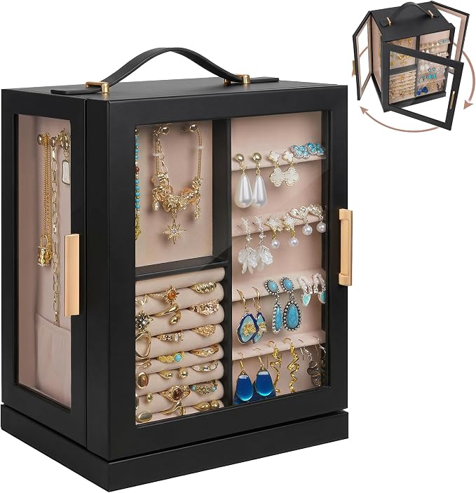 360° Rotating 5‑Drawers Jewelry Box with Top Handle & Glass Window, Spacious Vertical Jewelry Organizer, Jewelry Storage Case, Dustproof & Moisture‑resistant Design, Black - Image 8