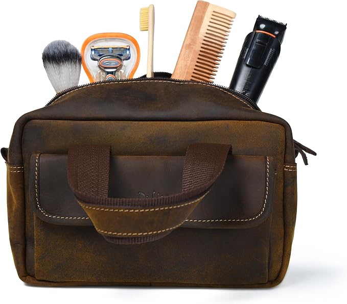 De Lira Extra Large Top-Grain Leather Toiletry Bag, Shaving Kit & Cosmetics Case, 10x6x5.5 in, Travel Organizer for Men & Women Dark Brown - Image 5