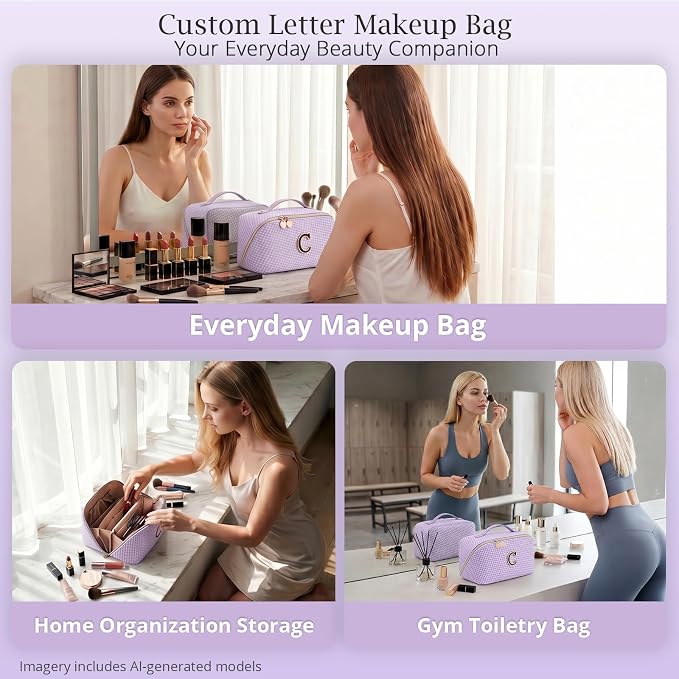 Personalized Gift Travel Makeup Bag: Initial Makeup Organizer Bag for Women | 3-in-1 Custom Make up Bag Set - Vegan Leather Travel Cosmetic Bag - Luxury Gift for Women – Birthday, Anniversary, Graduation - Image 9