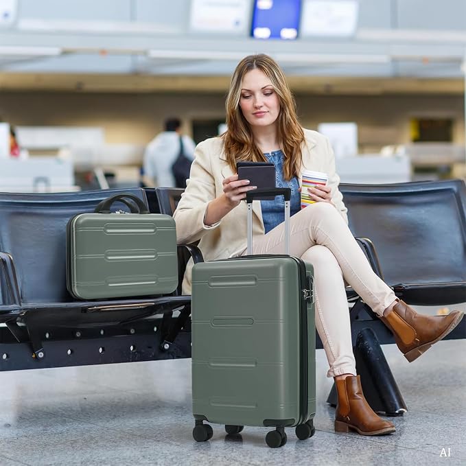 Army Green 6 Piece Luggage Set Hard Shell - Checked Suitcases with Spinner Wheels and Duffel Bags for Family Travel, Durable Carry On Luggage Sets with Lock & Cosmetic Case for Women and Men - Image 9