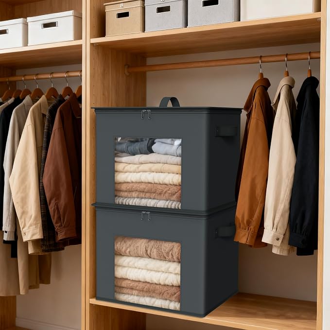 Zilink Fabric Organizer Bins with Lids 4-Pack Collapsible Stackable Storage Bins with Zipper & Clear Window Closet Organizer Storage Bins for Home, Office, Bedroom (Dark Grey,17" x 12" x 12") - Image 6