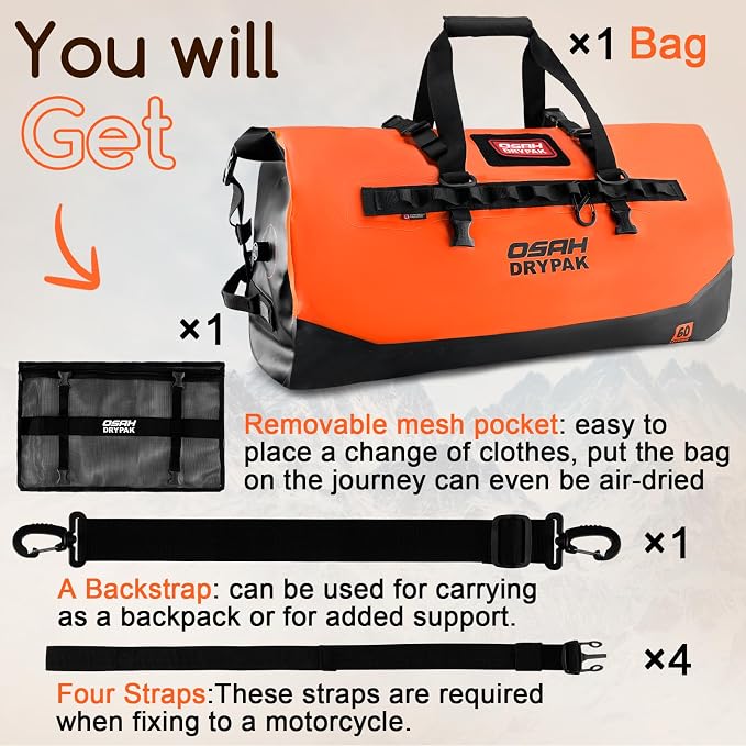 OSAH DRYPAK Waterproof Duffel Bag 25L/40L/60L – Heavy-Duty Motorcycle Tail Bag, Roll-Top Dry Bag for Travel, Camping, Boating, Kayaking, Outdoor Adventure - Image 8
