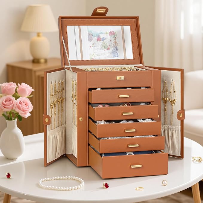 AKOZLIN 6-Tier Jewelry Box Organizer Functional 5 Drawers Leather Jewelry Storage Case for Women Girls Ring Necklace Earring Bracelet Holder Organizer with Mirror Medium Dark Orange - Image 8
