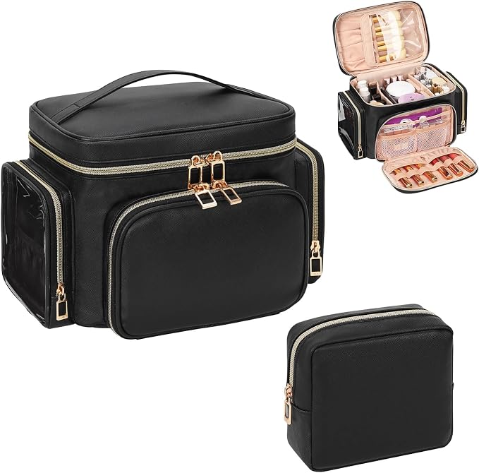 Makeup Bag, 2PCS Leather Large Travel Makeup Bag, Portable Waterproof Makeup Bag Organizer for Women with Makeup Brush Compartment, Cosmetic Travel Bag Vertical Storage Toiletry Bag, Black - Image 9