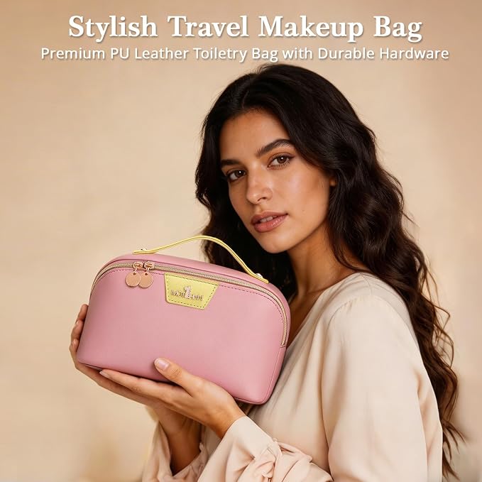 Travel Makeup Bag for Women: 3-in-1 Large Capacity Cosmetics Organizer with 2 Detachable Pouch - Vegan Leather Flat Open Toiletry Bag - Travel Essentials for Full-Sized Bottles(02-Pink) - Image 9