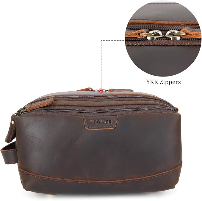 Polare Full Grain Leather Toiletry Bag for Men Large Travel Cosmetic Case Dopp Kit Shaving Kit Wash Pouch with YKK Zippers - Image 9