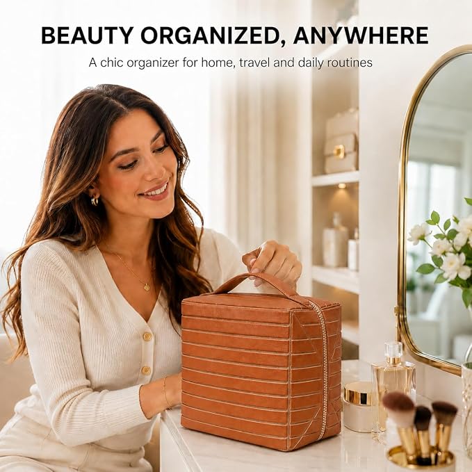 Travel Makeup Organizer Bag for Women, Fold Down Large Capacity Makeup Organizer with Compartments, Foldable Lay Flat Waterproof Cosmetic Toiletry Bag for Brushes, Skincare and Travel, Chocolate - Image 8