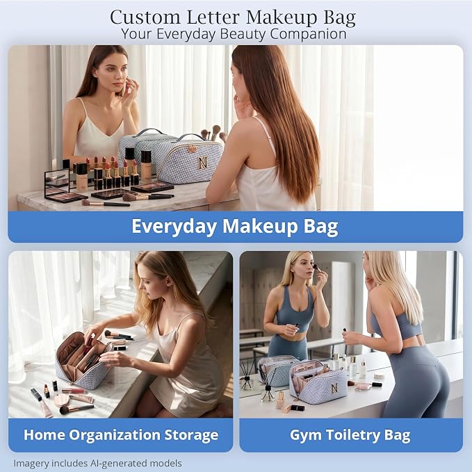 Personalized Gift Travel Makeup Bag: Initial Makeup Organizer Bag for Women | 3-in-1 Custom Make up Bag Set - Vegan Leather Travel Cosmetic Bag - Luxury Gift for Women – Birthday, Anniversary, Graduation - Image 9