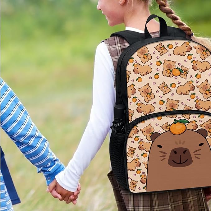 Cartoon Capybara Orange Backpack Set for Girls Boys, Elementary School Book Bag for Kids 8-12, Lightweight School Backpack Lunch Box Pencil Bags Protective Water Bottle Cup Cover, 4 Pcs - Image 7