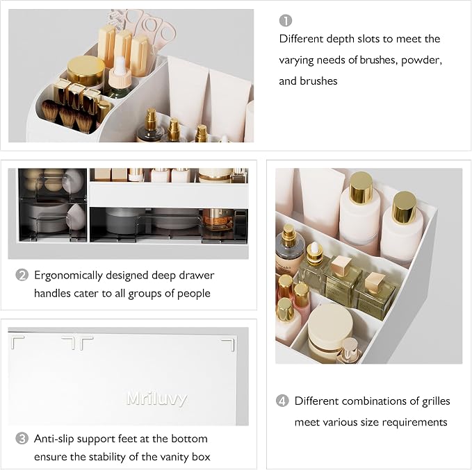 Makeup Organizer with Drawers,Large Cosmetic Storage Box,Countertop Skincare Organizer,ABS Makeup Brush Holder for Bathroom,Desk,Dresser,Multifunctional Beauty Display Case,White transparent - Image 5