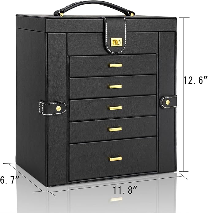 AKOZLIN 6-Tier Jewelry Box Organizer Functional 5 Drawers Leather Jewelry Storage Case for Women Girls Ring Necklace Earring Bracelet Holder Organizer with Mirror Extra Large Black - Image 8