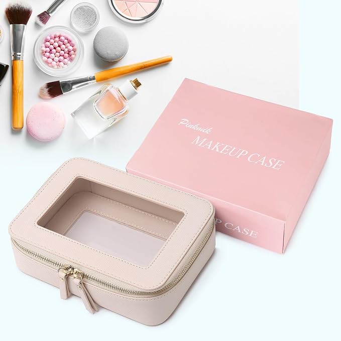 Pinkmik Clear Makeup Bag for Women Waterproof Travel Cosmetics and Toiletries Case Portable Makeup Oaganizer Bag Clear Car Bag with Zipper (Beige, M) - Image 8