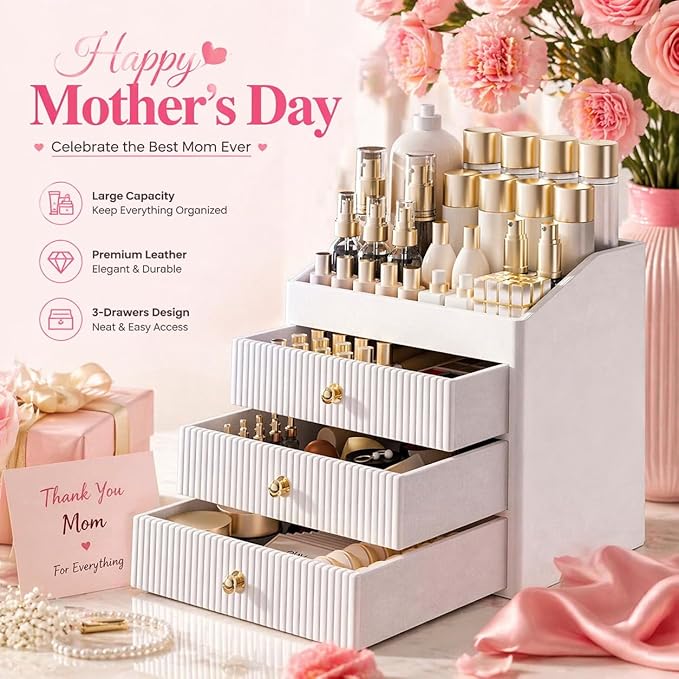 LADSTAG Vanity Organizers,Luxury Skincare Organizer with 3 Tier Drawers,Beige White Large Capacity Cosmetic Organizer Countertop for Makeup Brush,Dresser,Bedroom,Bathroom,Mom Gifts,Mom Birthday Gifts - Image 7