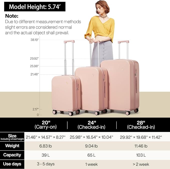 mixi Luggage Suitcase with Spinner Wheels, Hardside Rolling Suitcase PC with Cover & TSA Lock Lightweight Travel Case 24in Checked in, Pink - Image 6