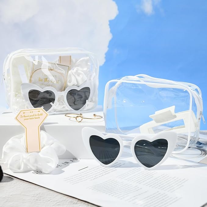 DEEKA 30 Pcs Bridesmaid Proposal Bag Set Gift Clear Makeup Toiletry Bag Bachelorette Party Favors Sunglasses Hair Claw Clips Scrunchies Knot Bracelets Bridal Wedding Party Gifts (White) - Image 9