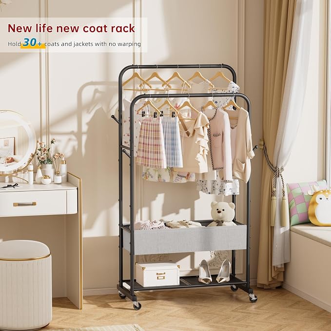 SINGAYE Wardrobe Standing Closet Clothing Rack With Shelf Hanging Clothes | Wardrobe Open Compact Small Metal Garment Hanger Stand Alone Free Standing Black Closet Rack Storage Organizer Heavy Duty - Image 9