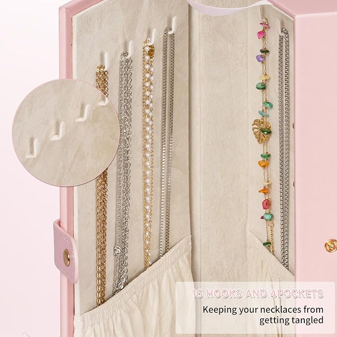 AKOZLIN 6-Tier Jewelry Box Organizer Functional 5 Drawers Leather Jewelry Storage Case for Women Girls Ring Necklace Earring Bracelet Holder Organizer with Mirror Extra Large Champagne Pink - Image 7