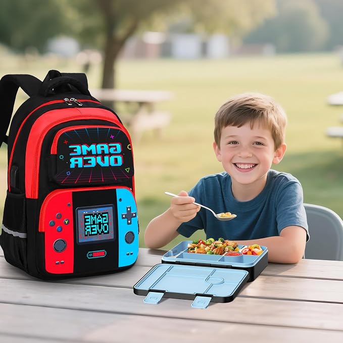 Bevalsa Kids Backpack for Boys with Bento Lunch Box, Insulated Bag & Utensils, 43oz Lunch Containers with 6 Compartment, Gamer Backpack School Bags for Elementary Middle School Student (Red Blue) - Image 8