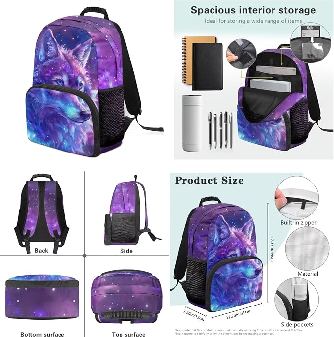 Galaxy Wolf Kids Bookbags for Boys Ages 5-10 Backpack with Lunch Bag 4Pcs Set Pencil case Water Bottle Pouch Elementary 17 inch School Accessories - Image 7