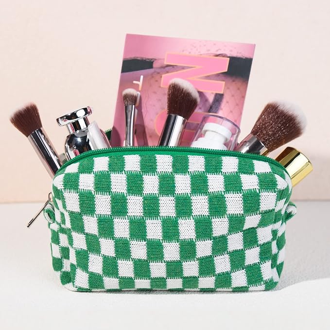 SOIDRAM Checkered Makeup Bag Preppy Cosmetic Bag Bulk Green Makeup Pouch Personalize Travel Toiletry Bag Organizer Cute DIY Makeup Brushes Storage Bag for Women - Image 7