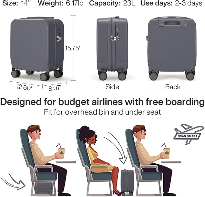 mixi 14 Inch Underseat Luggage Carry on Suitcase Free Boarding Personal Item Suitcases with Spinner Wheels Hardshell Lightweight PC for Short Travel, Rock Gray - Image 6