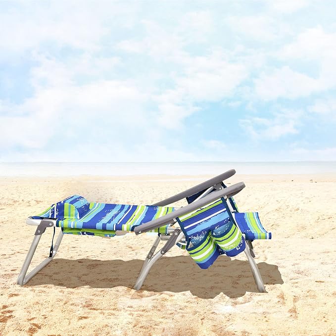 Giantex Folding Beach Chair, Patio Sling Chairs with 5 Adjustable Position, Head Pillow, Storage Bag, Towel Bar, Cup Holders, Backpack Chairs for Sunbathing, Camping Chair - Image 9