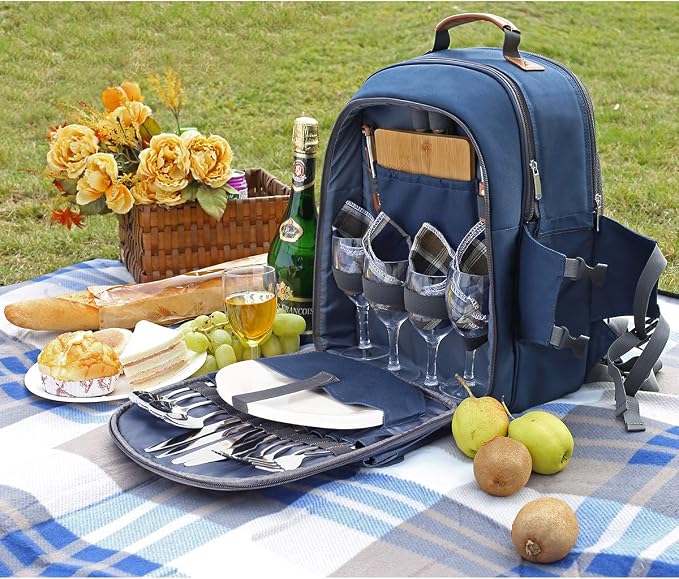 Sunflora Picnic Backpack for 4 Person Set Pack with Insulated Waterproof Pouch for Family Outdoor Camping (Navy Blue) - Image 9