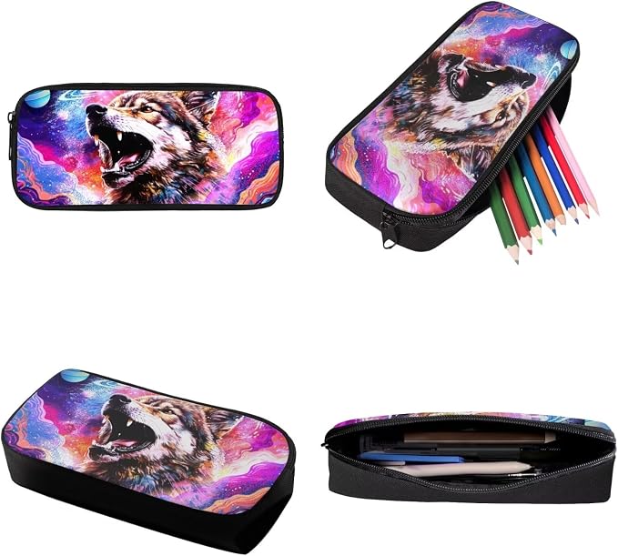 Galaxy Wolf Print Backpack Set for Student Schoolbag Large Capacity Bookbag Lunch Box Pencil Case 17 Inch Travel Laptop Backpacks Rucksack Daypack with Zippered Pockets - Image 6