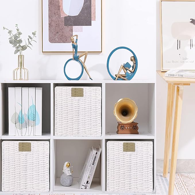 Vagusicc Wicker Storage Basket, Set of 2 Hand-Woven Storage Baskets for Organizing, White Foldable Cube Storage Bins Organizer, 9 x 9 Inch Square Wicker Storage Baskets for Shelves Pantry Decor - Image 7