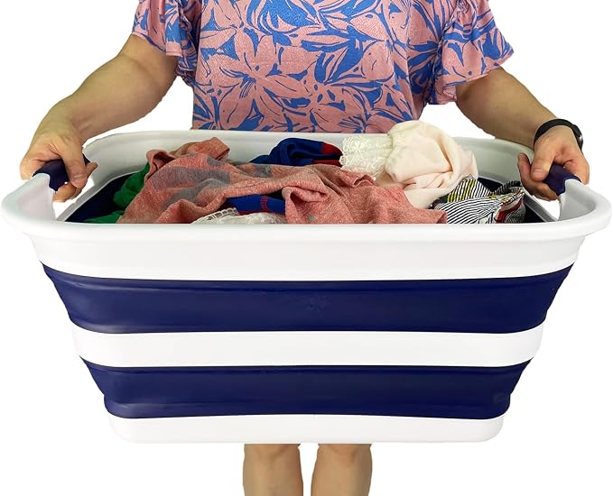 SAMMART Collapsible Plastic Laundry Basket with Handle/Foldable Pop Up Storage Hamper/Portable Laundry Organizer-Space Saving Washing Tub/Household Storage (White/Starry Blue, 42L) - Image 9