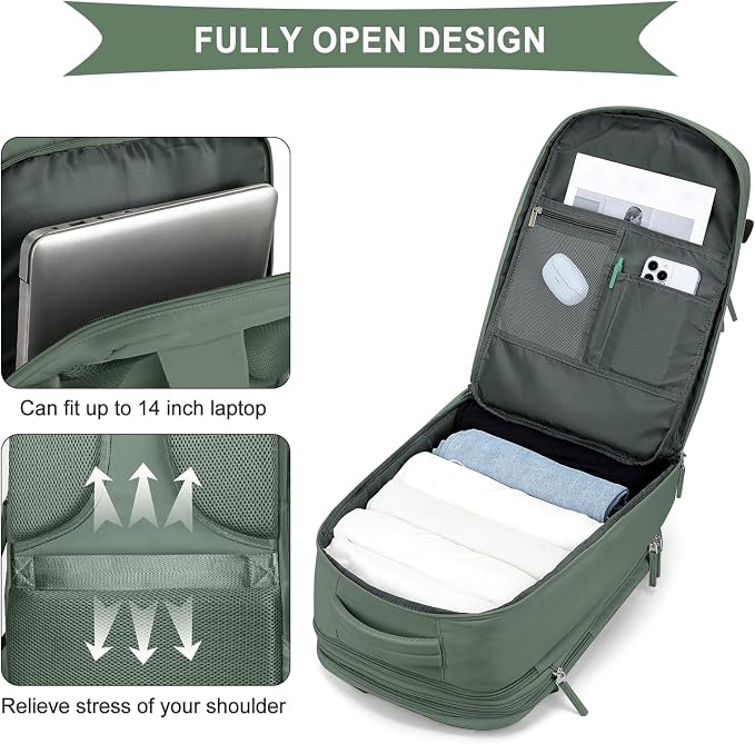 coowoz Large Travel Backpack For Women Men, Carry On Backpack,Hiking Backpack Waterproof Outdoor Sports Rucksack Casual Daypack Expandable Heavy Duty Extra large Backpack Olive Green - Image 8