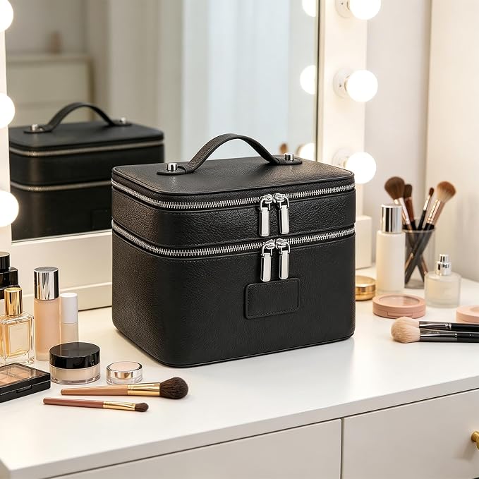 Makeup Case,Leather Double Layer Makeup Bag Duo,Large Portable Travel Toiletry Case Cosmetic Organizer for Women - Image 6