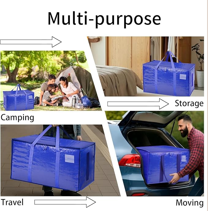 16 Pack-Extra Large Heavy Duty Moving Bags - Waterproof Storage Totes with Handles & Zippers, Foldable for College Dorm, Storage (Blue) - Image 8