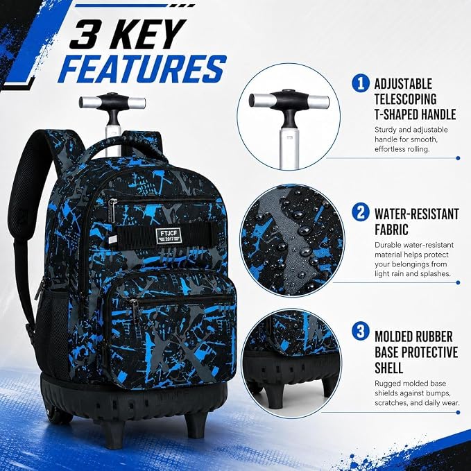 3Pcs Rolling Backpack for Boys, Men Roller Bag with Wheels for Adults, 19 Inche Graffiti Wheeled Bookbag with Lunch Box(Blue) - Image 9