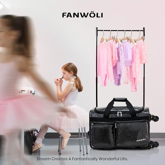 Fanwoli 23" Rolling Dance Duffel Bag with Garment Rack | Detachable 4-Spinner Wheels | Waterproof Glitter Fabric | Competition Travel Luggage for Cheerleader, Skating, Gymnast & Sleepover | Black - Image 8