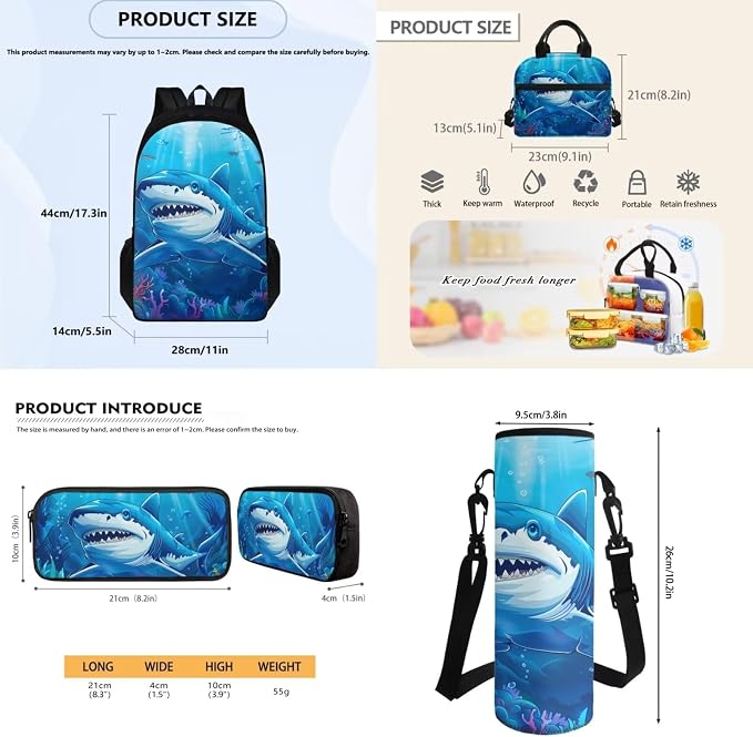 Backpack for Boys with Reusable Lunch Bag Pencil Bag Water Bottle Sling for School, Sea Shark Double Zipper Students Schoolbag Bookbag Elementary Middle School Rucksack - Image 7