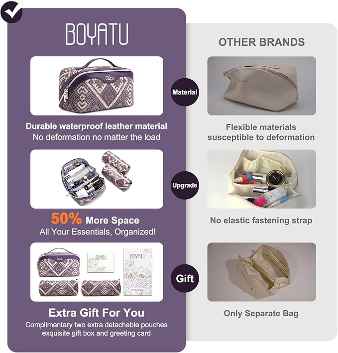 BOYATU Travel Makeup Bag Organizer: Boho Large Capacity Cosmetic Bag Sets | 3Pcs Waterproof Leather Toiletry Bags | 180°Open Flat Make up Case with Compartments | Western Travel Essentials for Women - Image 7
