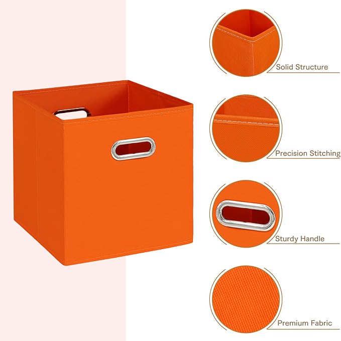 Fabric Cloth Storage Bins,Fabric Cube Bins Organizer with Dual Handles Foldable Cube Storage Baskets for Home Bedroom Storage,Set of 3,(Orange) - Image 7